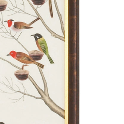 Aviary I by Chelsea House in antique gold and brown frame. Made from water color on silk in a transitional style.