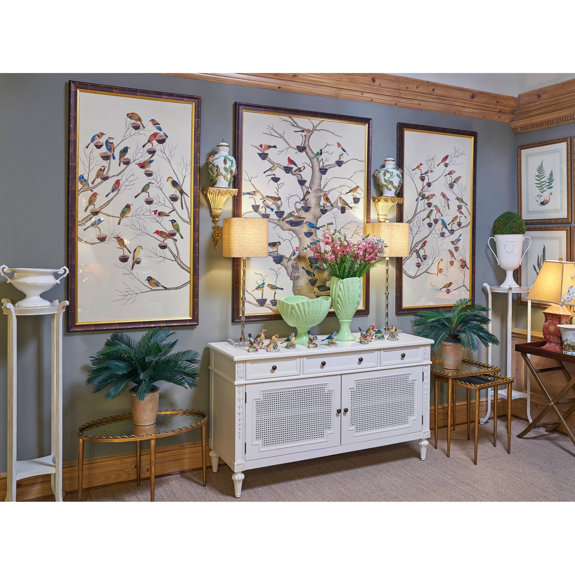 Aviary I by Chelsea House in antique gold and brown frame. Made from water color on silk in a transitional style.
