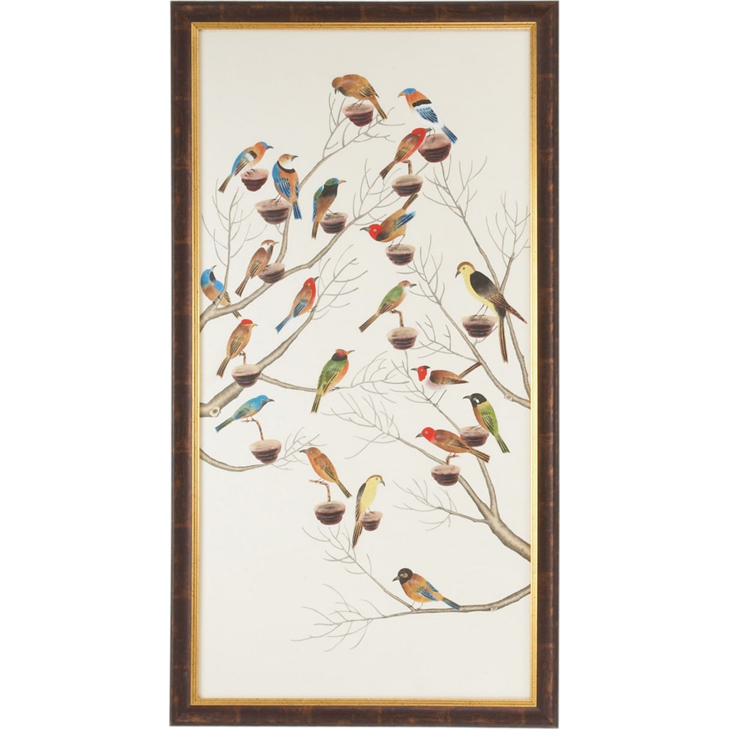 001 SR-381933 | Primary Silo | Aviary I by Chelsea House in antique gold and brown frame. Made from water color on silk in a transitional style.