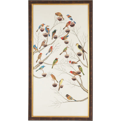 Aviary I by Chelsea House in antique gold and brown frame. Made from water color on silk in a transitional style.