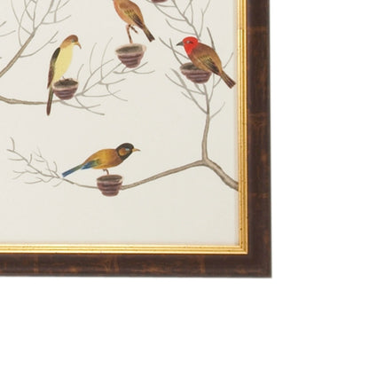 Aviary II by Chelsea House in antique gold and brown frame. Made from water color on silk in a transitional style.