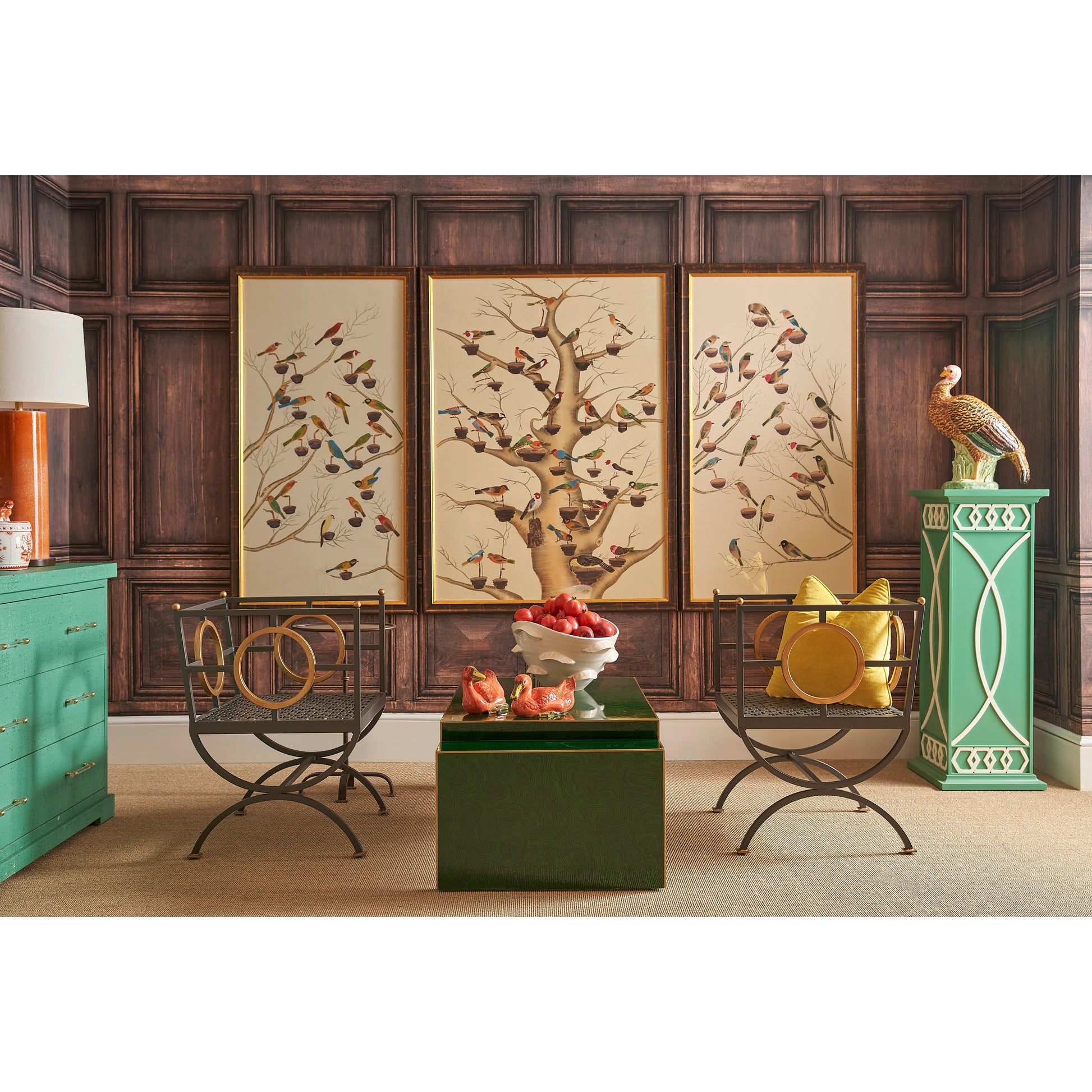 Aviary II by Chelsea House in antique gold and brown frame. Made from water color on silk in a transitional style.