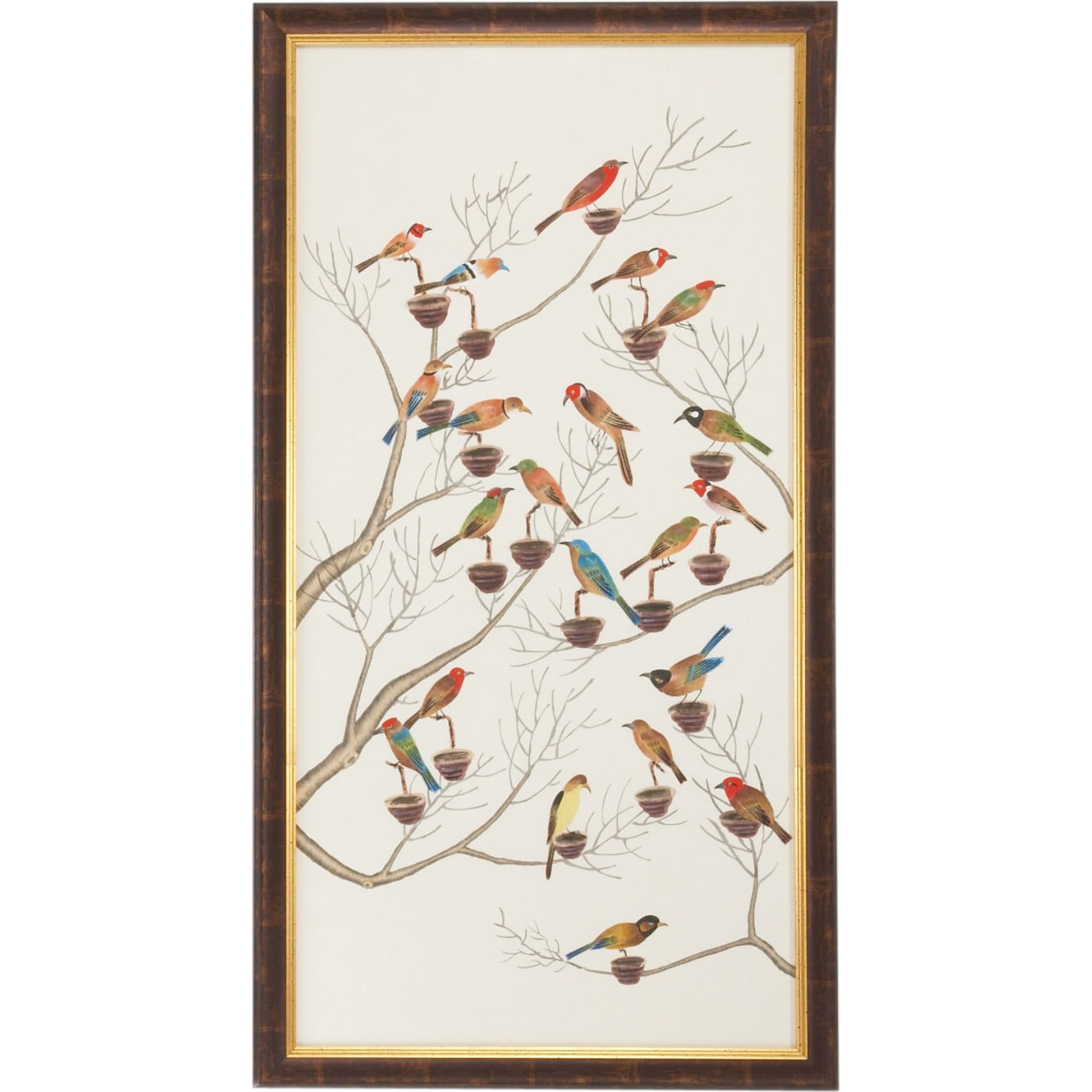 Aviary II by Chelsea House in antique gold and brown frame. Made from water color on silk in a transitional style.