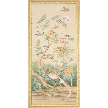 Volatili Panel by Chelsea House in gold frame. Made from water color on silk in a eclectic & global style.