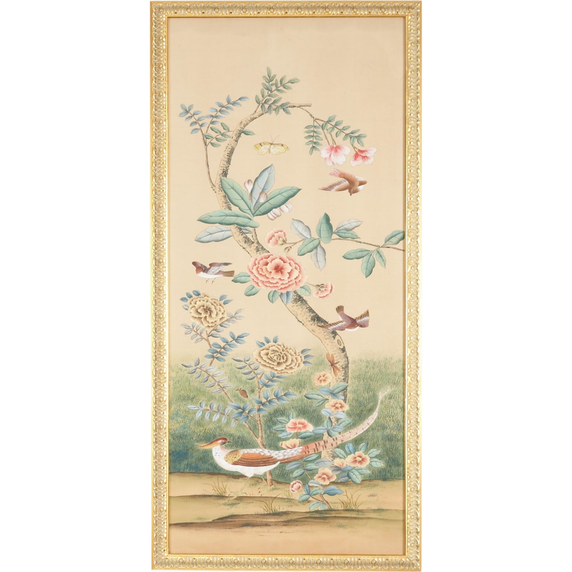 Volatili Panel by Chelsea House in gold frame. Made from water color on silk in a eclectic & global style.