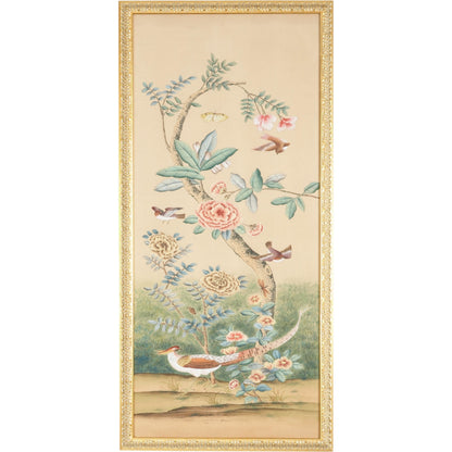 Volatili Panel by Chelsea House in gold frame. Made from water color on silk in a eclectic & global style.