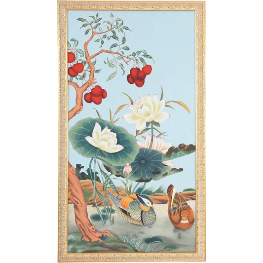 Baxter Panel II by Chelsea House in gold frame. Made from water color on silk in a eclectic & global style.