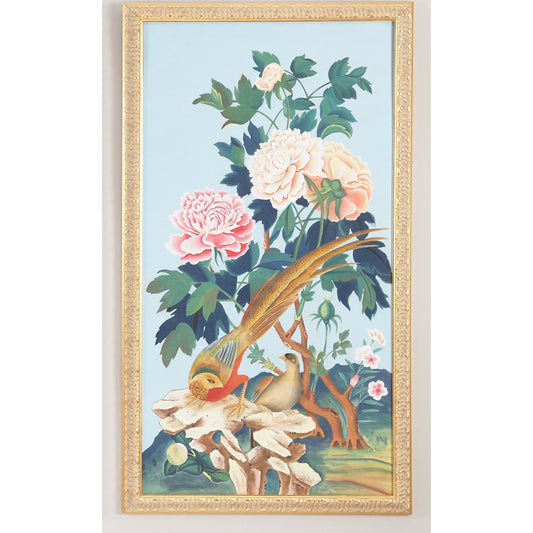 Baxter Panel I by Chelsea House in gold frame. Made from water color on silk in a eclectic & global style.