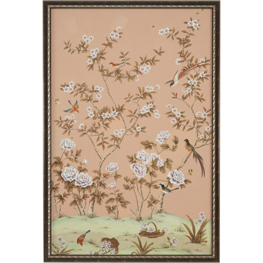 Edgedale Panel Peach-A by Chelsea House in distressed brown, silver frame. Made from water color on silk in a eclectic & global style.