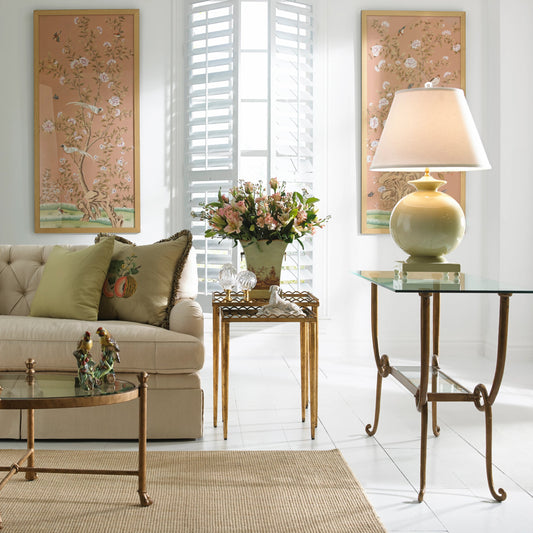 Edgedale Panel Peach-B by Chelsea House in distressed brown and silver frame. Made from water color on silk in a eclectic & global style.