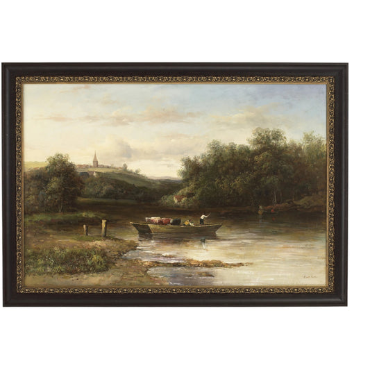 Riverboat by Chelsea House in black and gold frame. Made from hand painted oil in a traditional style.