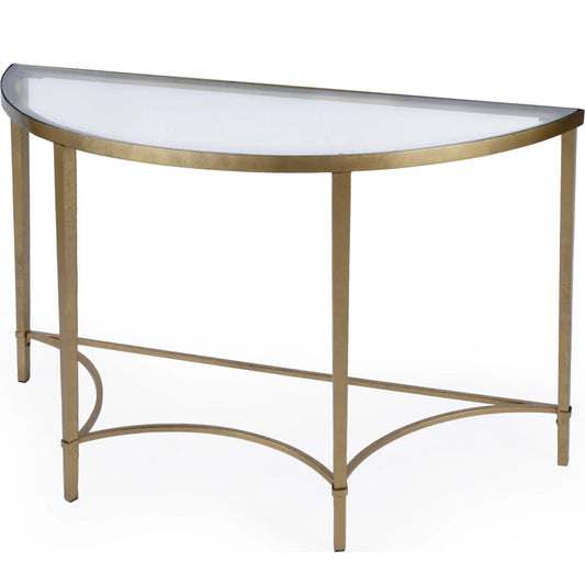 Monica Console Table by Butler Specialty Company in gold and antique gold. Made from metal tubing, tempered glass in a modern style.