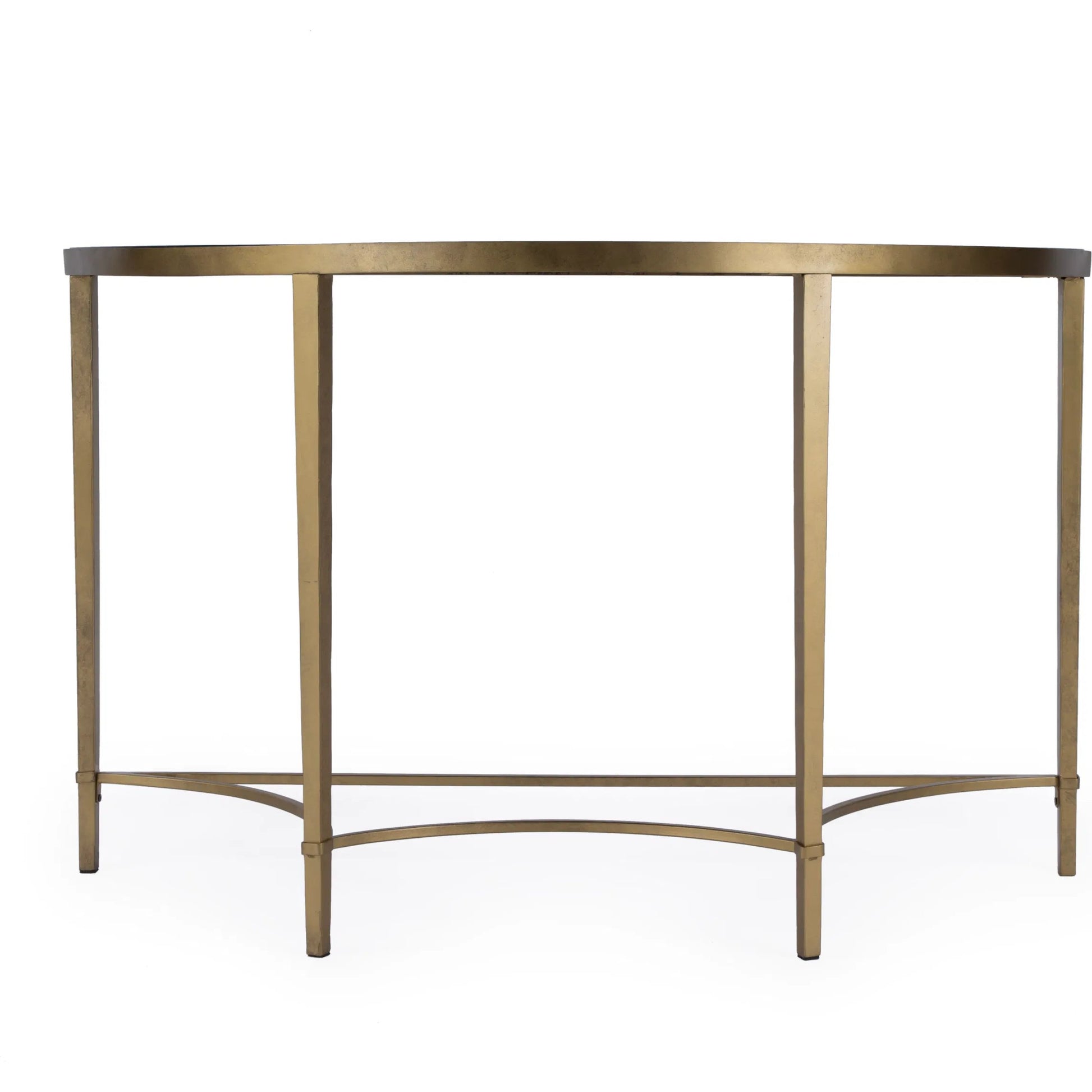 Monica Console Table by Butler Specialty Company in gold and antique gold. Made from metal tubing, tempered glass in a modern style.