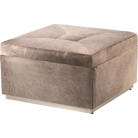 Metro Storage Ottoman by Global Views in brushed nickel. Made from mdf, stainless steel, hair on leather, polyester suede in a transitional style.