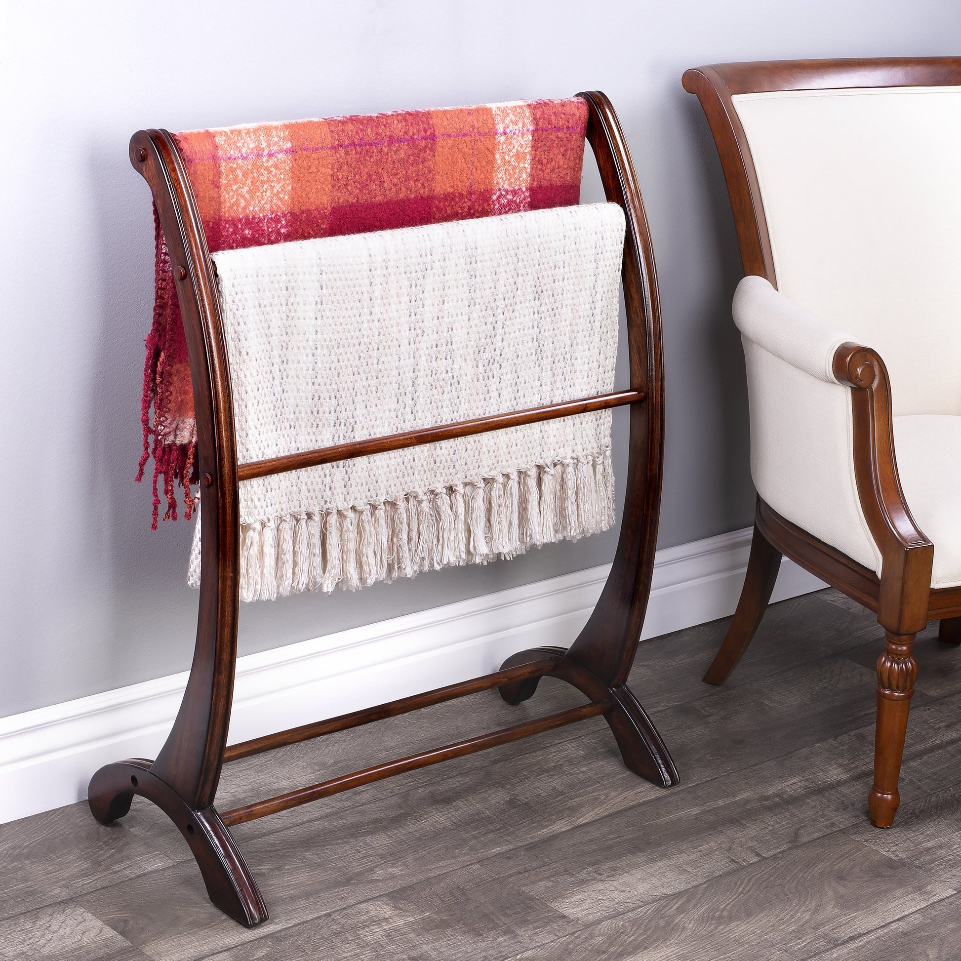Nathaniel Plantation Cherry Blanket Stand by Butler Specialty Company in dark brown and plantation cherry. Made from rubberwood, poplar hardwood solids in a traditional style.