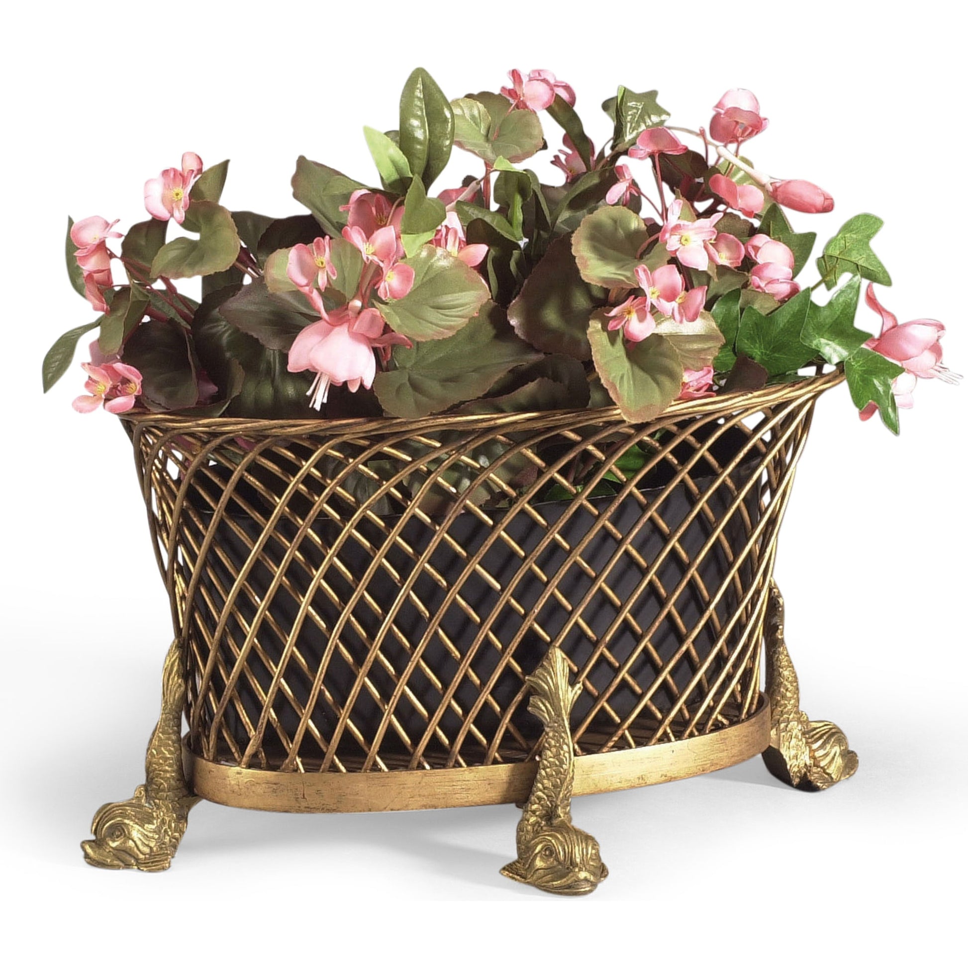Dolphin Planter by Chelsea House in antique gold, black liner. Made from gold iron wirework in a traditional style.