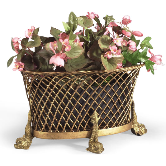 Dolphin Planter by Chelsea House in gold, black. Made from gold iron wirework in a traditional style.