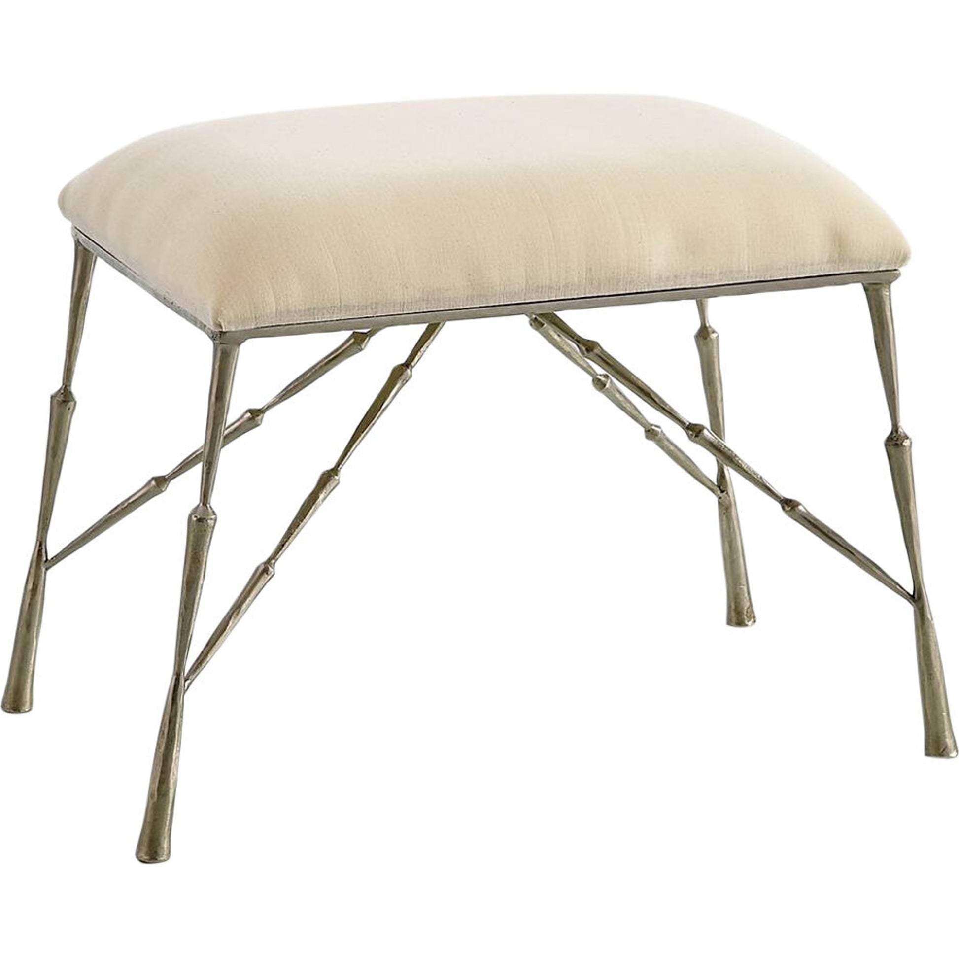 Spike Bench with Muslin Cushion by Global Views in antique brass. Made from iron in a transitional style.