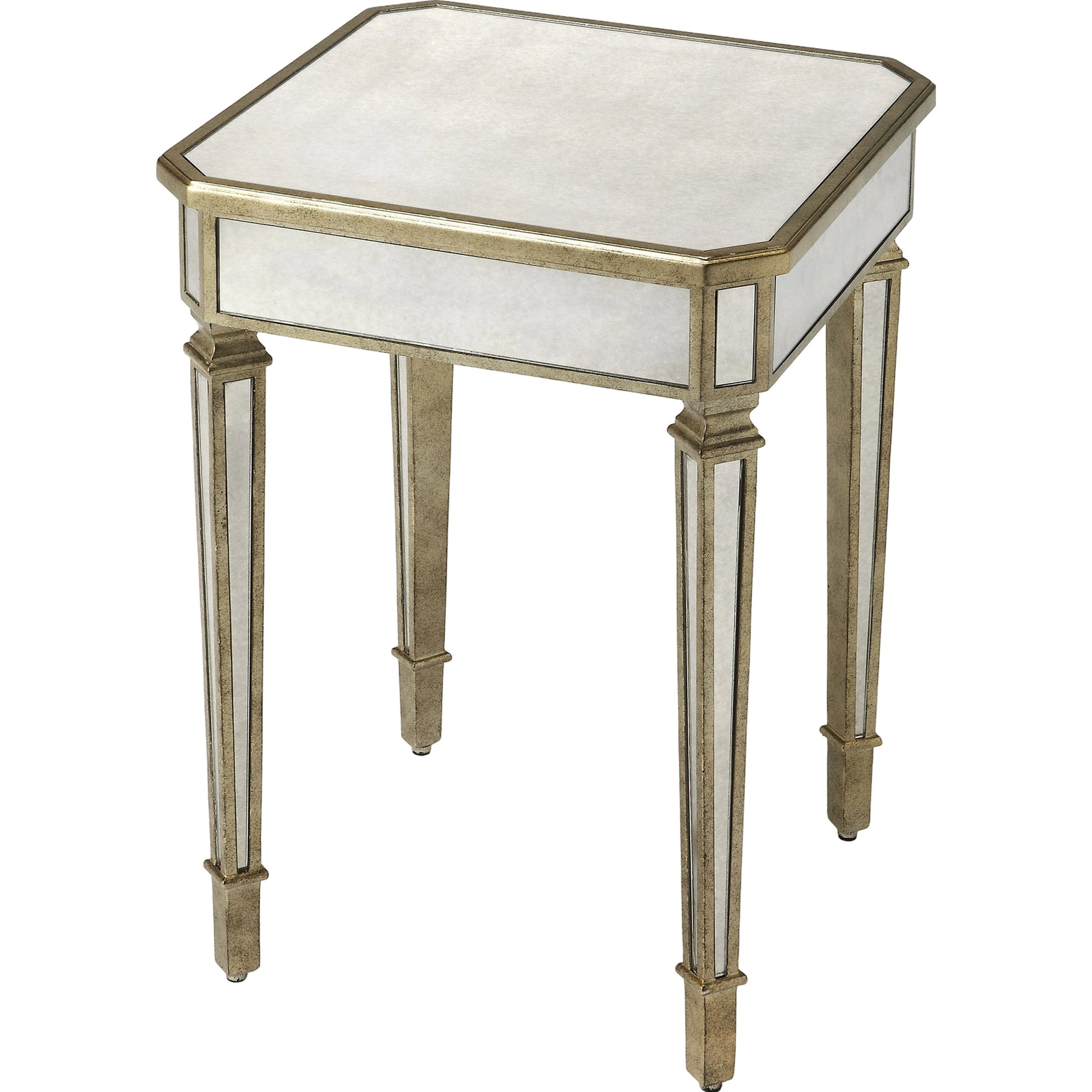 Celeste Mirrored End Table by Butler Specialty Company in silver and mirror. Made from poplar hardwood solids, mdf in a modern style.