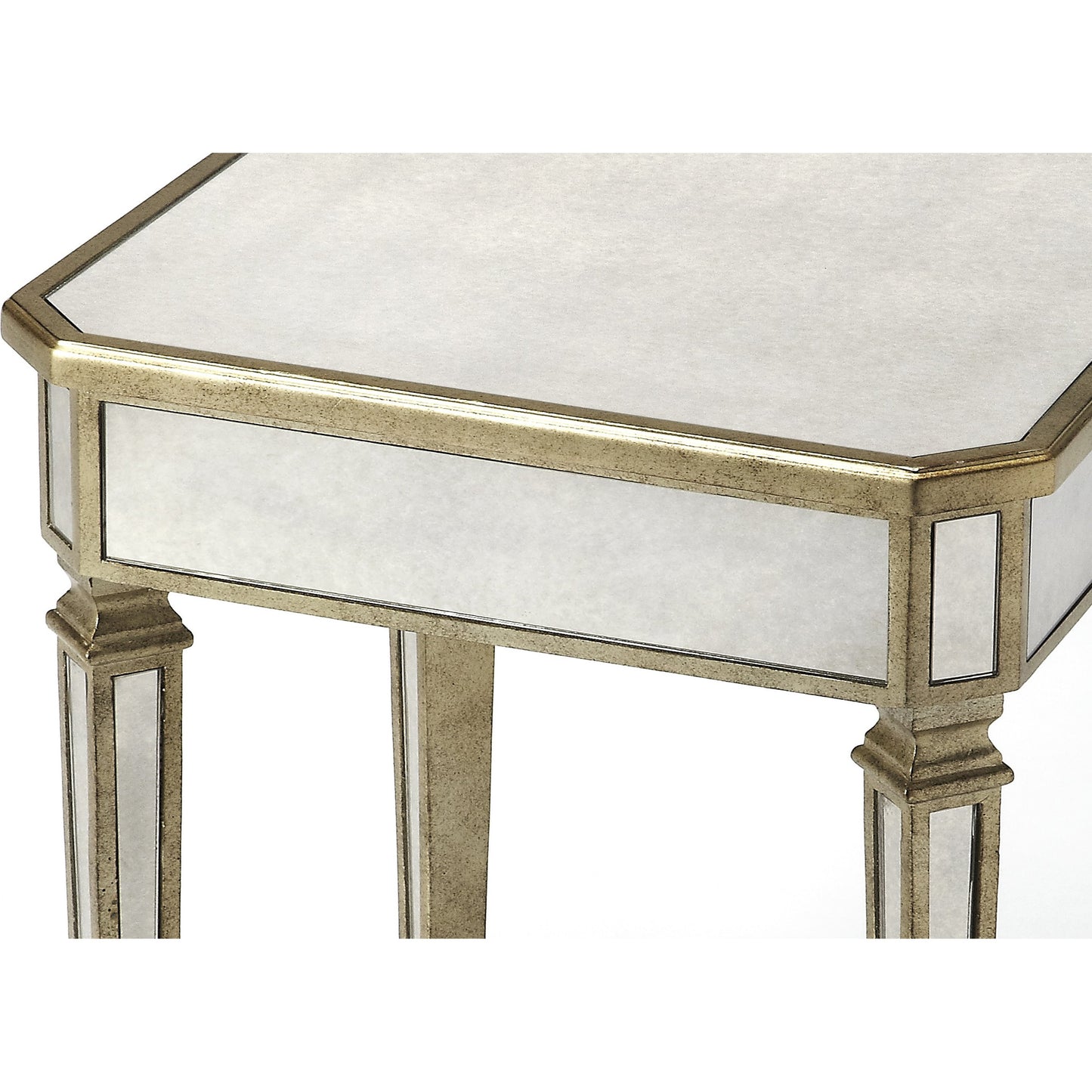 003 S-242494 | Closeup | Celeste Mirrored End Table by Butler Specialty Company in silver and mirror. Made from poplar hardwood solids, mdf in a modern style.