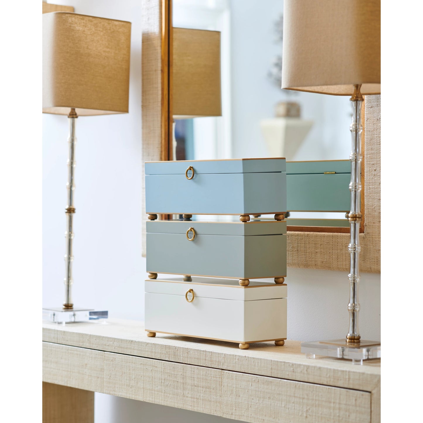 002 SR-383688 | Lifestyle | Rectangle Box by Chelsea House in pastel blue, gold, polished brass. Made from tole in a transitional style.