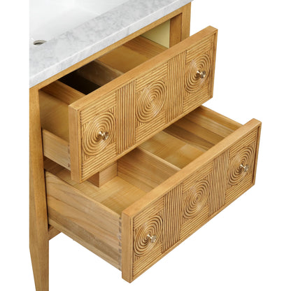 Santos 28" Vanity with Undermount Sink by Currey and Company. Made from rattan, mahogany, carrara marble, vitreous china, sungkai wood, brass in a unique style.