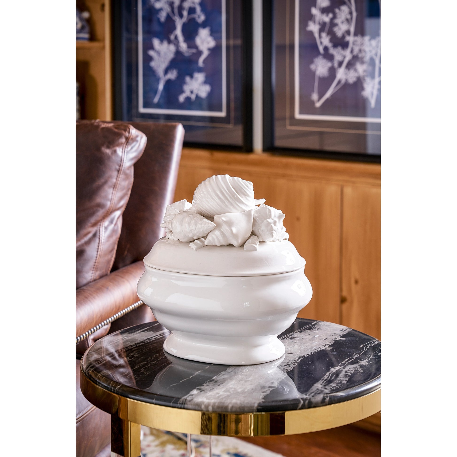 Shell Ceramic Tureen by Chelsea House in white glaze. Made from hand painted ceramic in a coastal style.