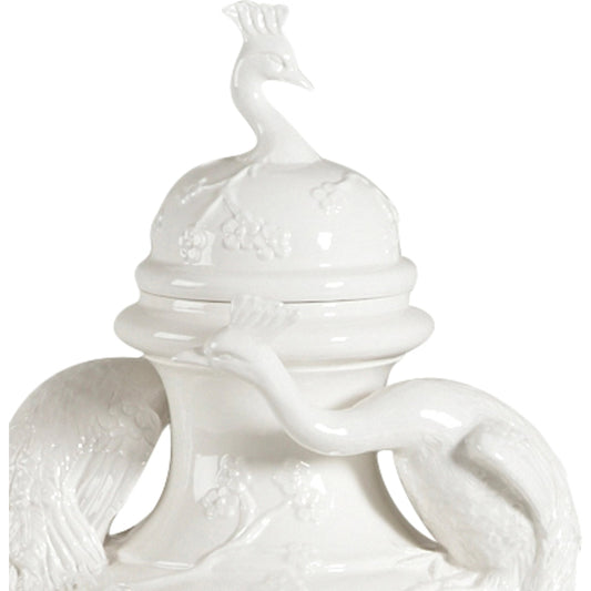 Peacock Cer Urn by Chelsea House in white. Made from hand painted ceramic in a transitional style.