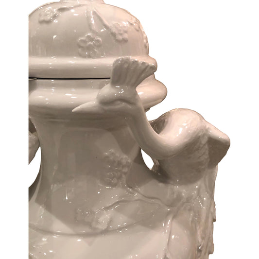 Peacock Cer Urn by Chelsea House in white. Made from hand painted ceramic in a transitional style.