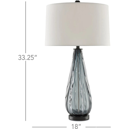 Nightcap Table Lamp by Currey and Company in blue-gray, clear, black. Made from glass, metal in a traditional style.