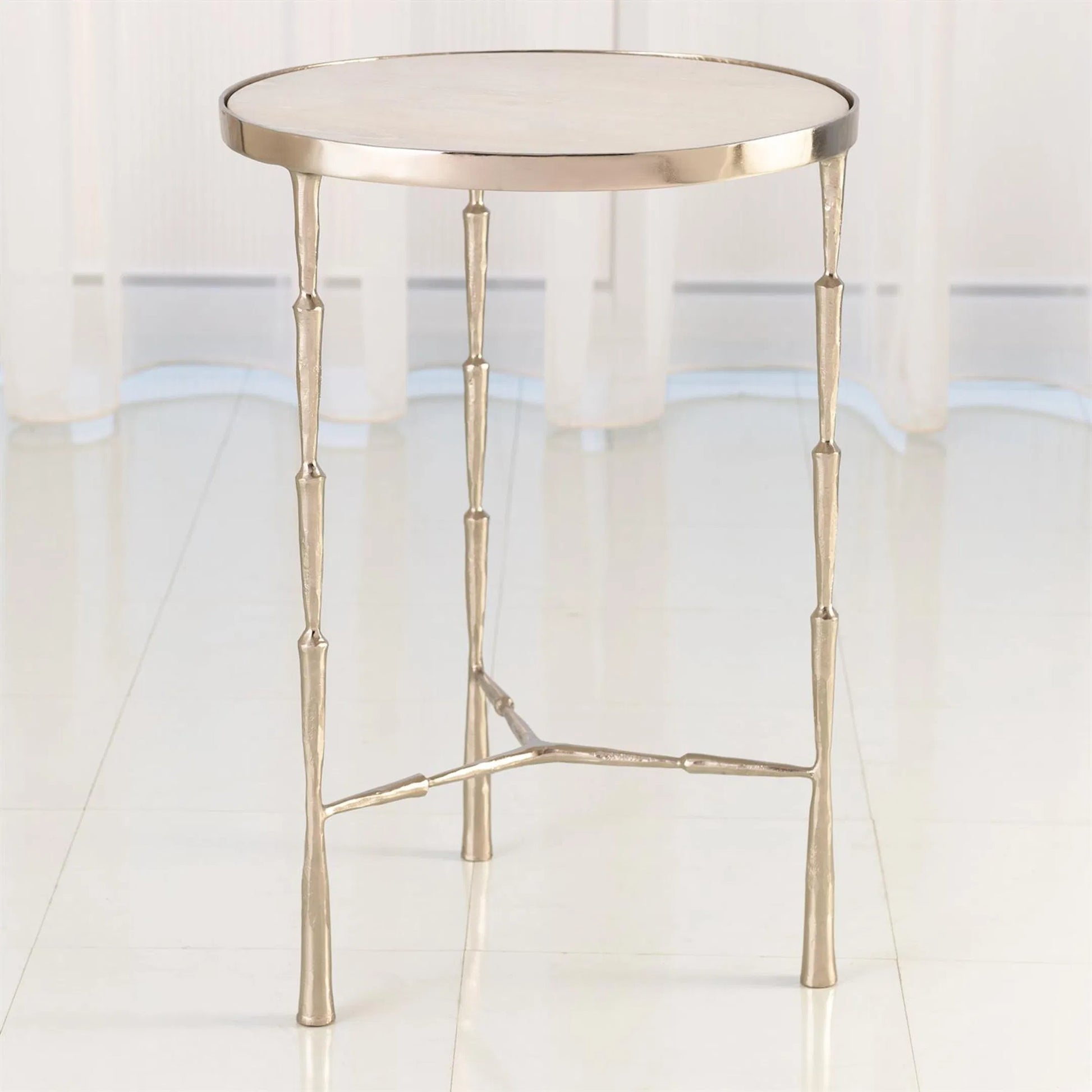 Spike Accent Table by Global Views in antique brass with white marble. Made from iron, 15 mm thick white marble in a eclectic & global style.