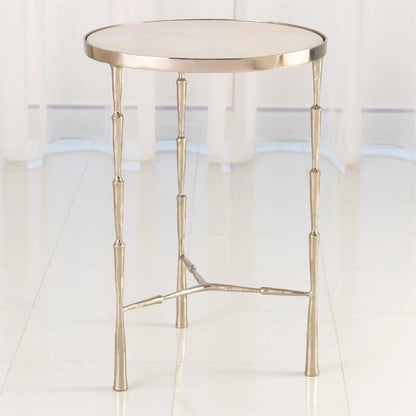 Spike Accent Table by Global Views in antique brass with white marble. Made from iron, 15 mm thick white marble in a eclectic & global style.