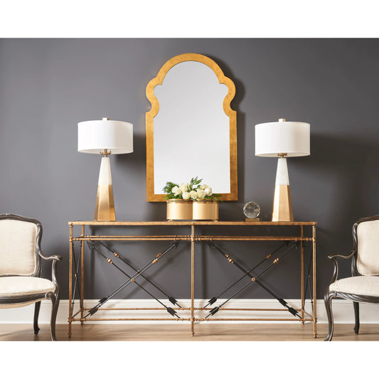 Arrow Console by Chelsea House in gold leaf, clear. Made from gold leaf on iron in a modern style.