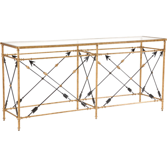 Arrow Console by Chelsea House in gold, black. Made from gold leaf on iron in a modern style.