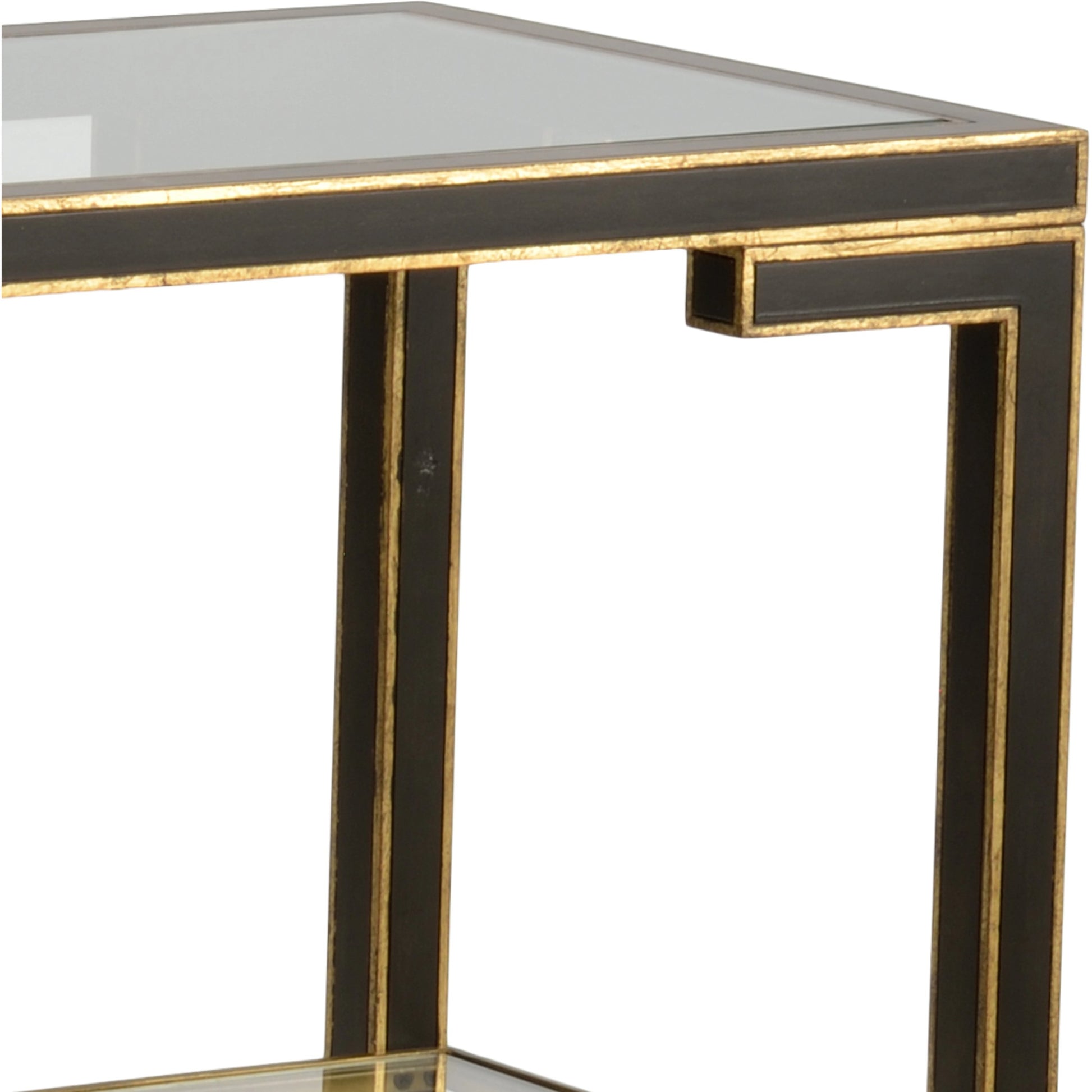 Decker Console by Chelsea House in old gold trim-black frame. Made from glass top in a transitional style.