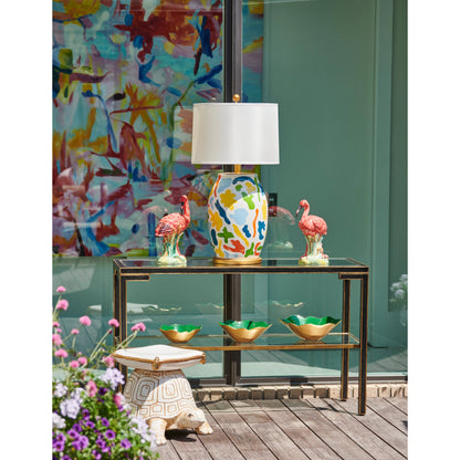 Decker Console by Chelsea House in old gold trim-black frame. Made from glass top in a transitional style.