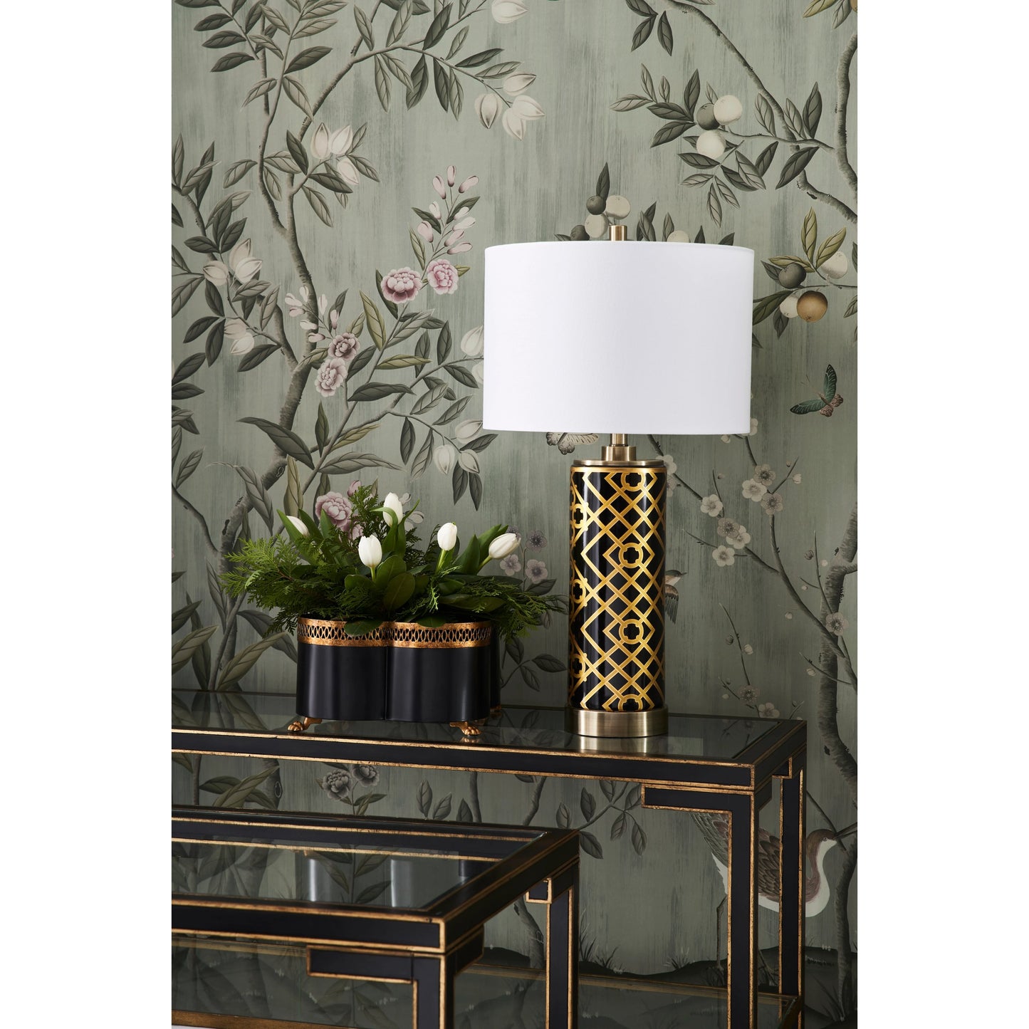 008 SR-382465 | Lifestyle | Decker Console by Chelsea House in old gold trim-black frame. Made from glass top in a transitional style.