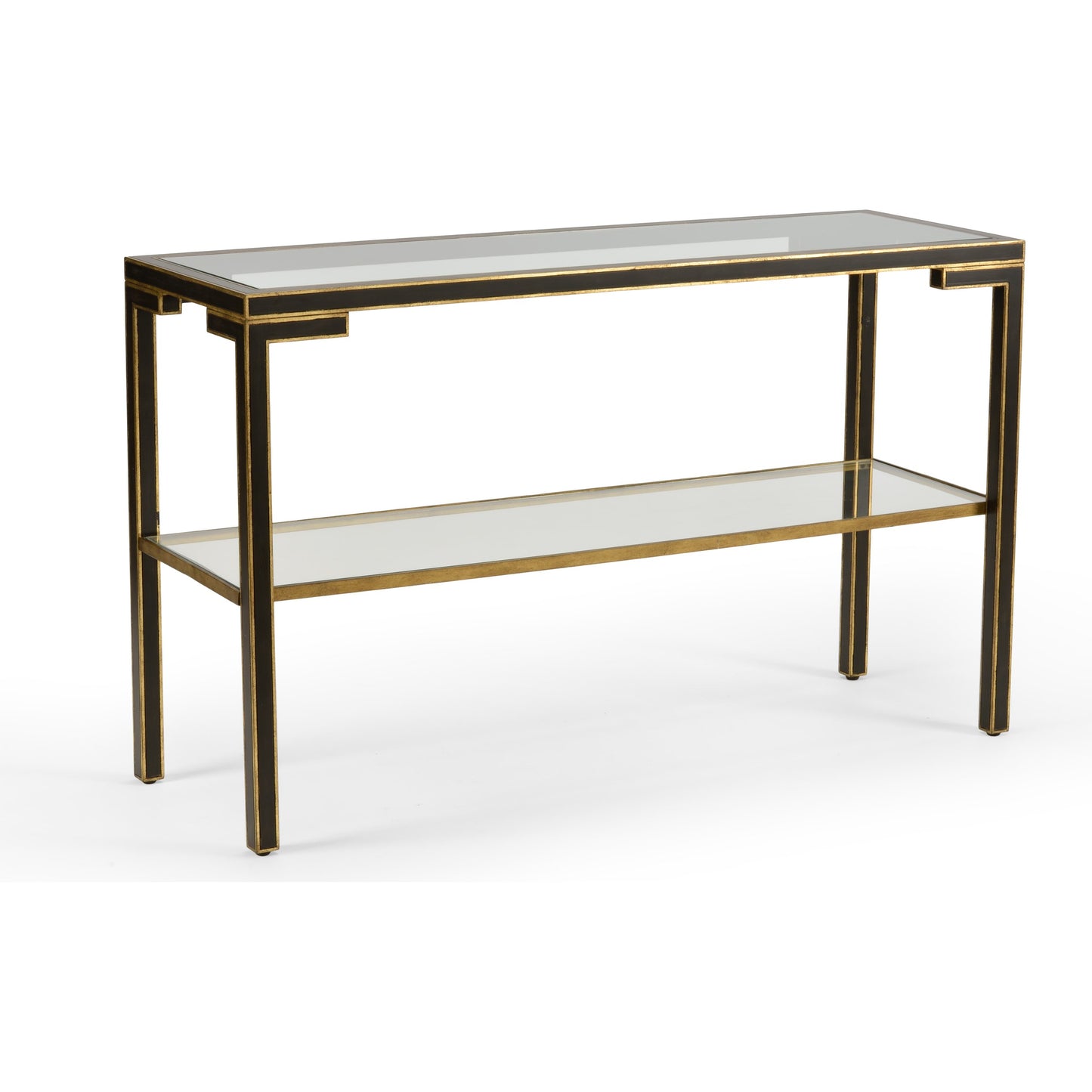 001 SR-382465 | Primary Silo | Decker Console by Chelsea House in old gold trim-black frame. Made from glass top in a transitional style.