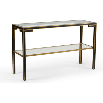 Decker Console by Chelsea House in old gold trim-black frame. Made from glass top in a transitional style.
