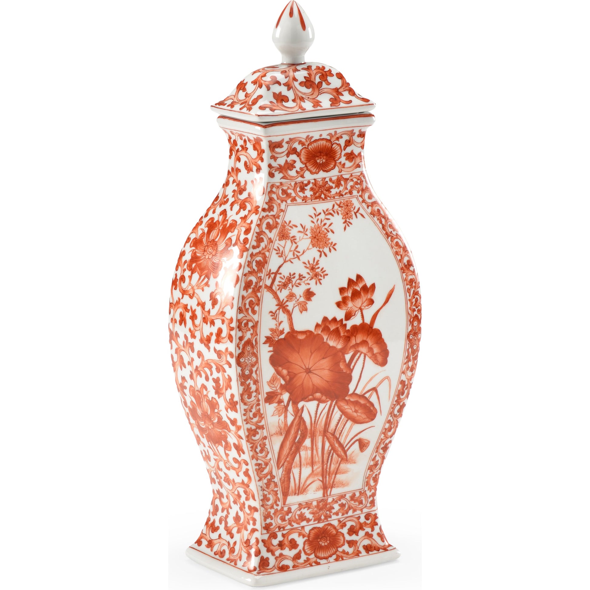 Covered Lotus Leaf Vase by Chelsea House in red, hand decorated. Made from hand decorated porcelain in a eclectic & global style.