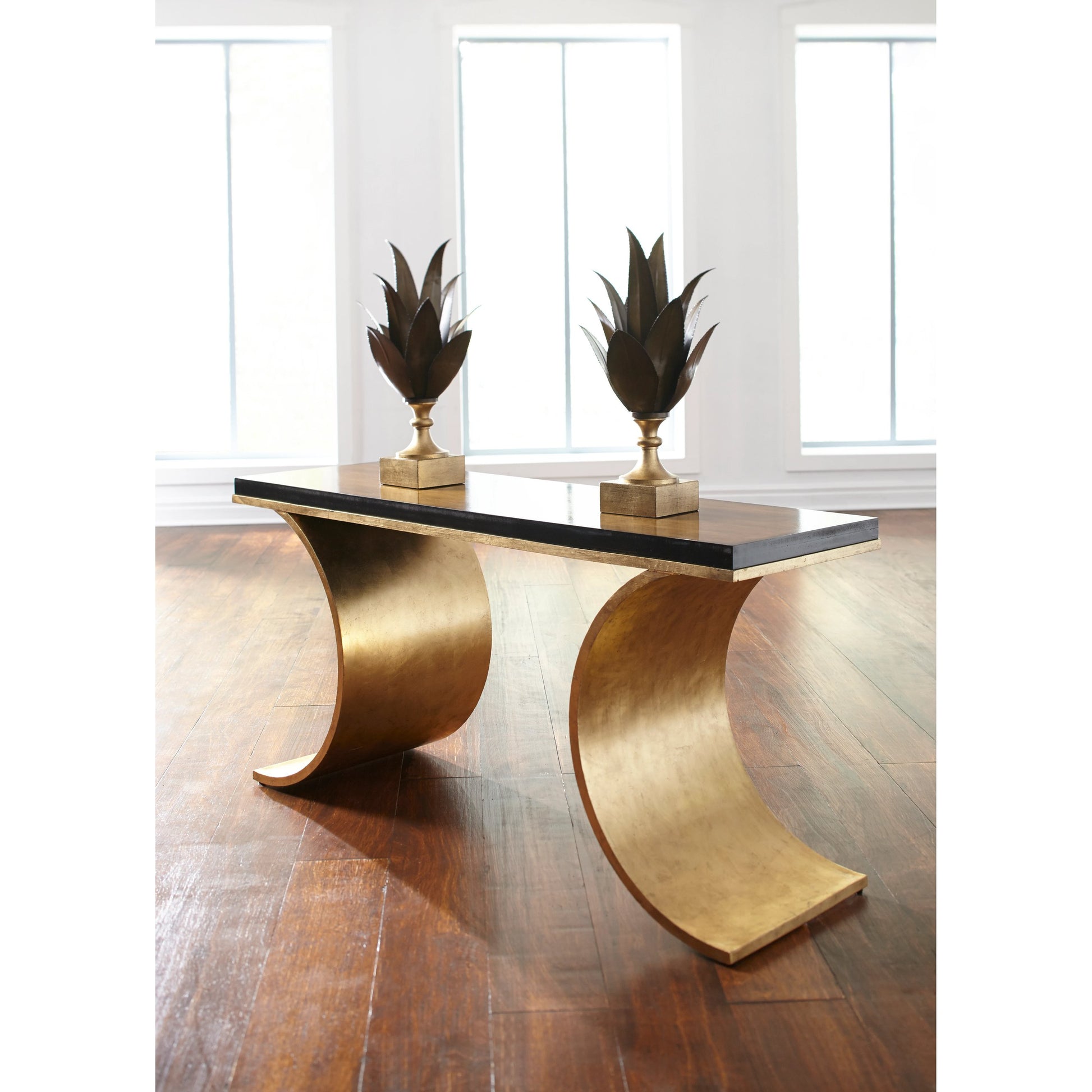 Thames Console by Chelsea House in antique gold leaf. Made from hand made, finished iron in a modern style.
