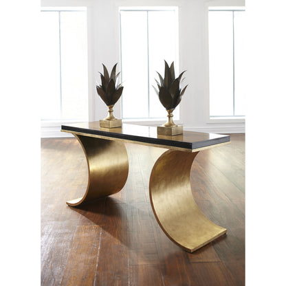 Thames Console by Chelsea House in antique gold leaf. Made from hand made, finished iron in a modern style.