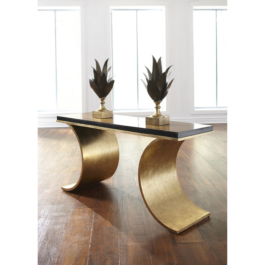 Thames Console by Chelsea House in antique gold leaf. Made from hand made, finished iron in a modern style.
