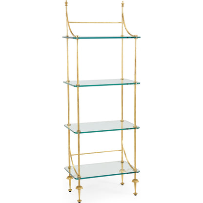 Coleman Etagere by Chelsea House in gold leaf, plain. Made from metal, glass in a transitional style.
