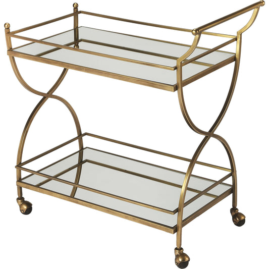 Graci Bar Cart by Butler Specialty Company in gold and antique gold. Made from stainless steel, aluminum, mdf, mirrored glass in a modern style.