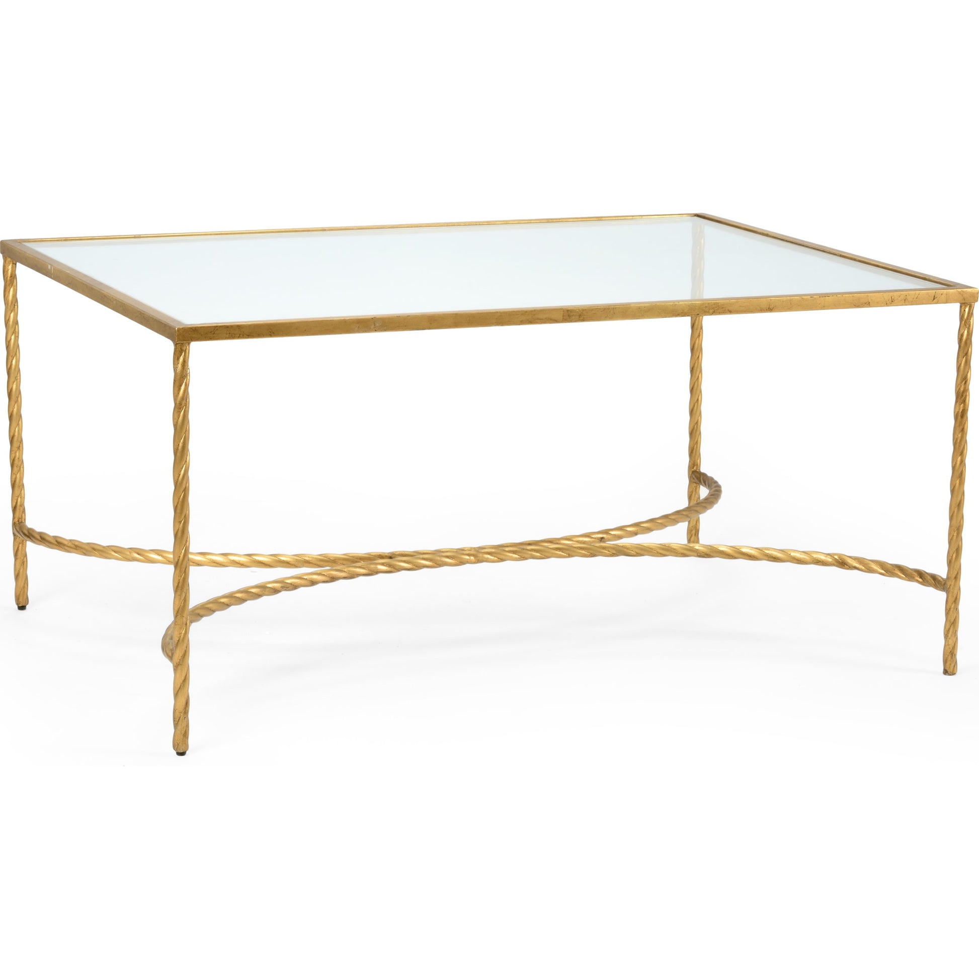Rope Cocktail Table by Chelsea House in gold leaf, clear. Made from iron, glass in a transitional style.