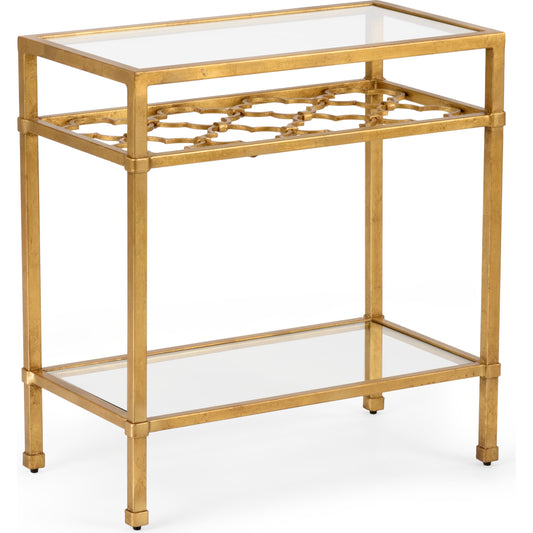 Pac Coast Side Table by Chelsea House. Made from champagne finish, glass shelves in a transitional style.