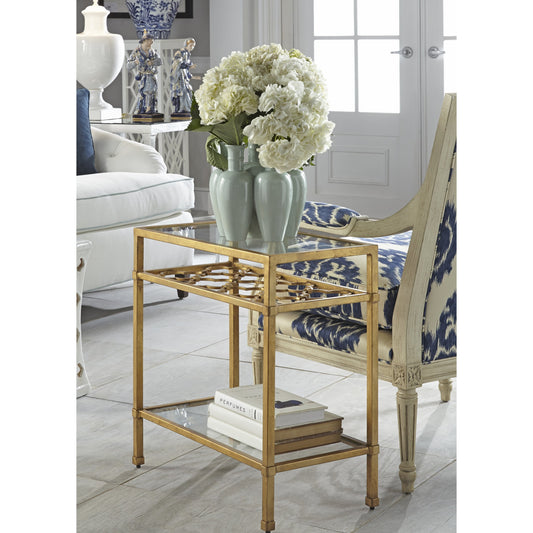 Pac Coast Side Table by Chelsea House. Made from champagne finish, glass shelves in a transitional style.
