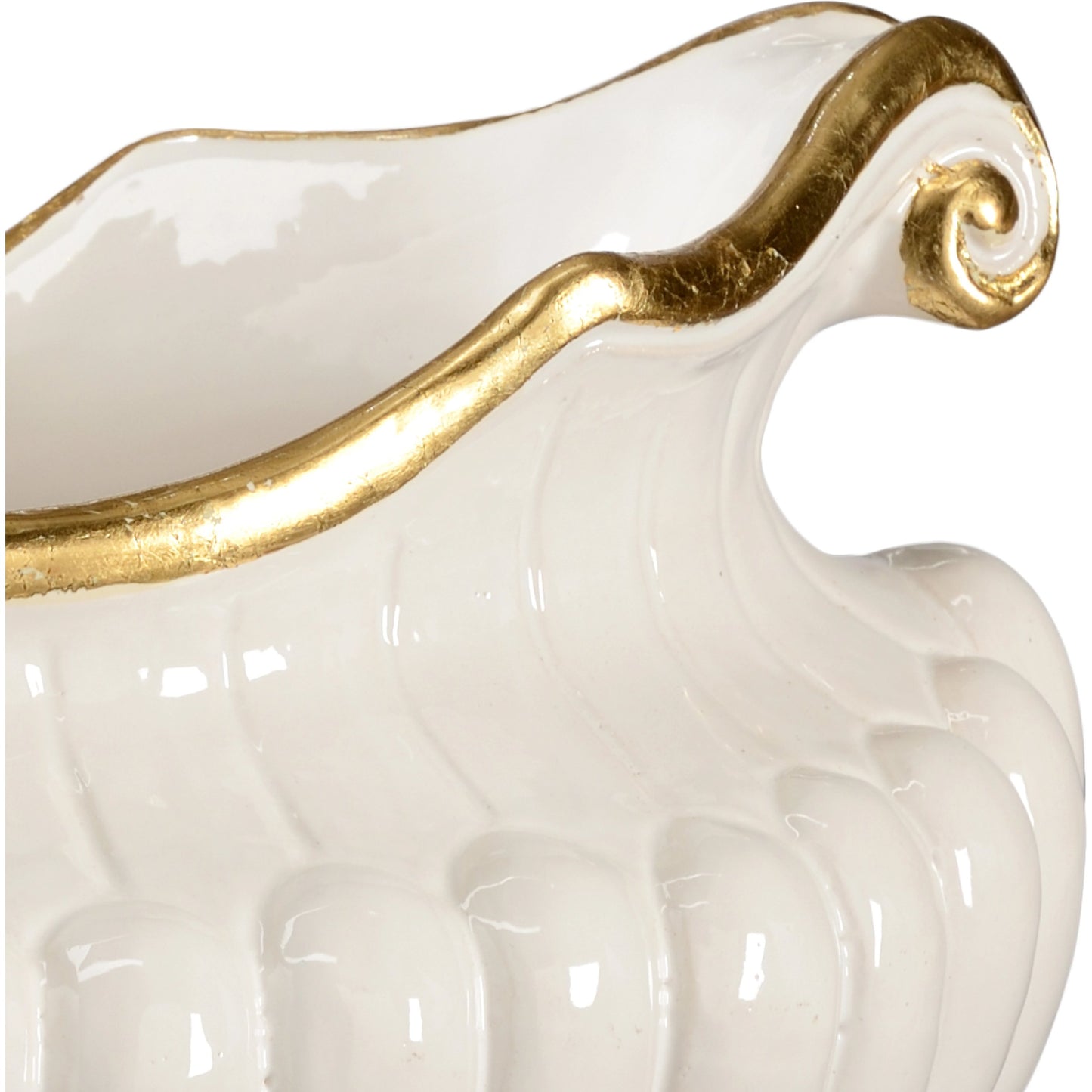 002 SR-383478 | Closeup | Oval Pot by Chelsea House in white glaze, metallic gold trim. Made from white glaze with gold trim in a traditional style.