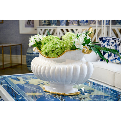 Oval Pot by Chelsea House in white glaze, metallic gold trim. Made from white glaze with gold trim in a traditional style.